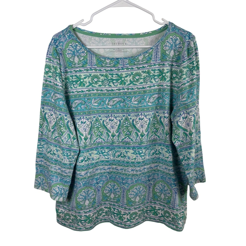 Talbots Top Women's XL Green Blue Floral 3/4 Sleeve Boat Neck Preppy Coastal
